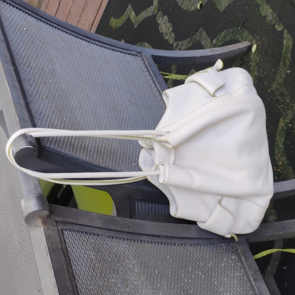 Cole Haan Women's White Leather Tote Bag Large Lime Green Stitching And Trim